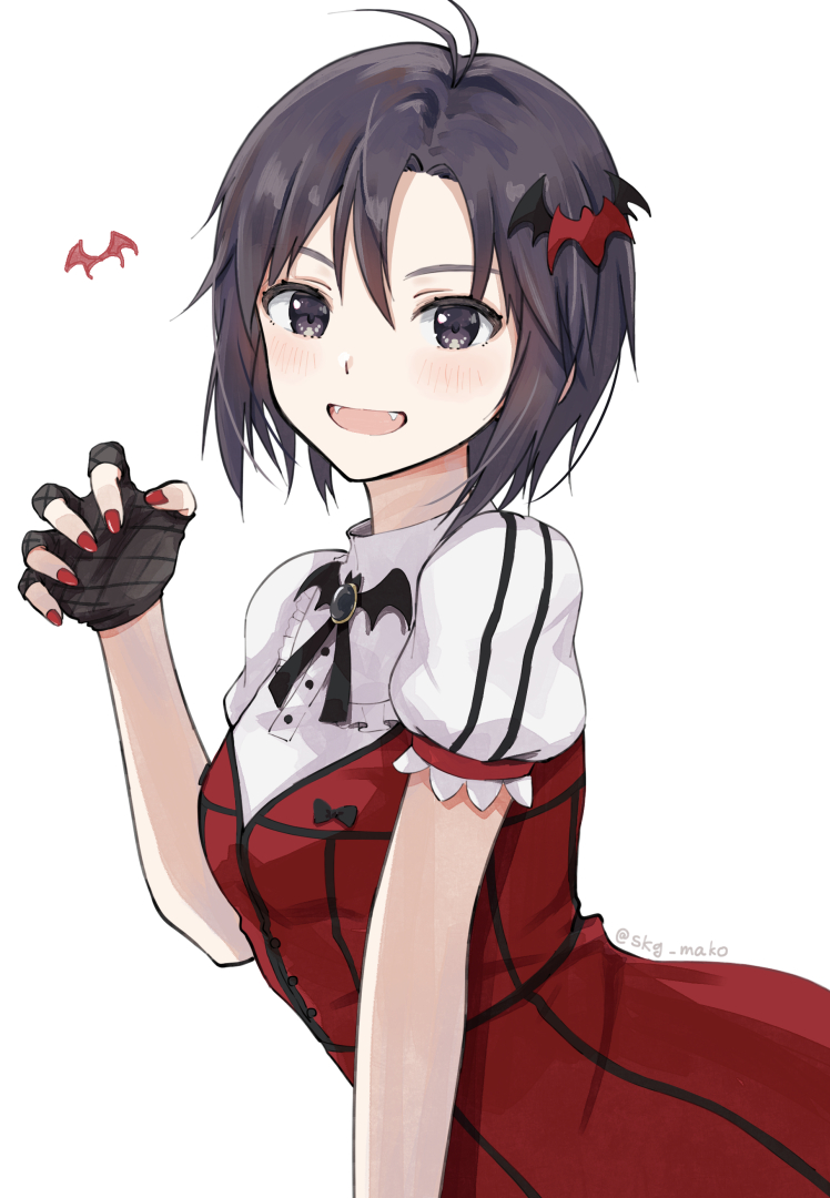 1girl :d antenna_hair artist_name ascot bat_hair_ornament bat_ornament black_ascot black_eyes black_gloves black_hair blush breasts brooch claw_pose commentary dress fangs fingerless_gloves from_side gloves hair_between_eyes hair_ornament hand_up idolmaster idolmaster_(classic) jewelry kikuchi_makoto leaning_forward looking_at_viewer looking_to_the_side medium_breasts mogskg my_dear_vampire_(idolmaster) nail_polish open_mouth puffy_short_sleeves puffy_sleeves red_dress red_nails short_hair short_sleeves signature simple_background smile solo twitter_username two-tone_dress upper_body vampire white_background white_dress