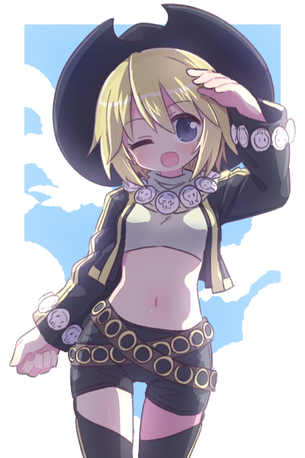 1girl ;d arm_up black_headwear black_jacket black_shorts blonde_hair blue_sky breasts cloud commentary_request crop_top cropped_jacket day grey_eyes hair_between_eyes hat highres jacket long_sleeves looking_at_viewer midriff naga_u navel one_eye_closed open_clothes open_jacket short_shorts shorts sky small_breasts smile solo sonolar summon_night summon_night_3 turtleneck