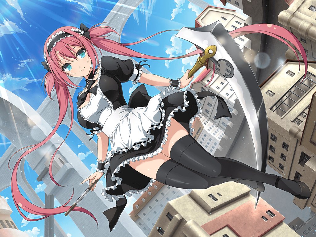1girl airi_(queen's_blade) airi_(the_infernal_temptress) apron arch architecture battlement black_bow black_dress black_footwear black_ribbon black_thighhighs blue_eyes blue_sky blush bow bowtie breasts bridge building city cityscape cleavage cleavage_cutout closed_mouth clothing_cutout cloud collar crossover day dress floating frilled_apron frilled_dress frilled_headwear frilled_sleeves frilled_wristband frills hair_bow hair_ribbon holding holding_scythe holding_weapon large_breasts lens_flare light_particles light_rays long_hair looking_at_viewer maid maid_apron maid_headdress medium_breasts official_art outdoors pleated_dress puffy_short_sleeves puffy_sleeves quad_tails queen's_blade red_hair ribbon sash scythe senran_kagura senran_kagura_new_link short_dress short_sleeves short_twintails sidelocks skirt sky smile solo sunbeam sunlight thighhighs tile_roof twintails two_side_up underwear very_long_hair waist_apron waist_bow weapon white_apron white_sash wind window wrist_cuffs yaegashi_nan