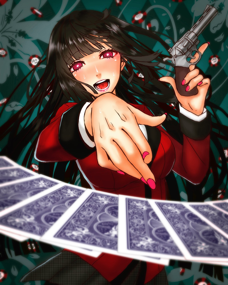 1girl black_hair breasts card crazy gun holding holding_gun holding_weapon jabami_yumeko kakegurui large_breasts monotsuki nail_polish open_mouth playing_card poker_chip weapon