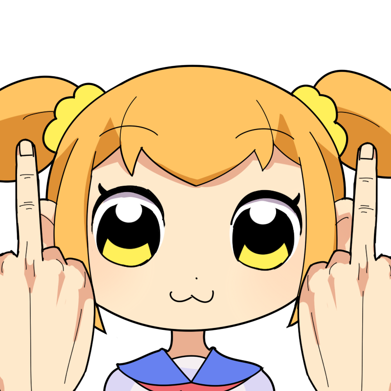 1girl :3 bkub_(style) blonde_hair blue_sailor_collar closed_mouth commentary_request double_middle_finger fingernails hair_ornament hair_scrunchie hospital_king looking_at_viewer middle_finger poptepipic popuko portrait sailor_collar scrunchie shirt short_hair sidelocks simple_background smile solo two_side_up white_background white_shirt yellow_eyes yellow_scrunchie