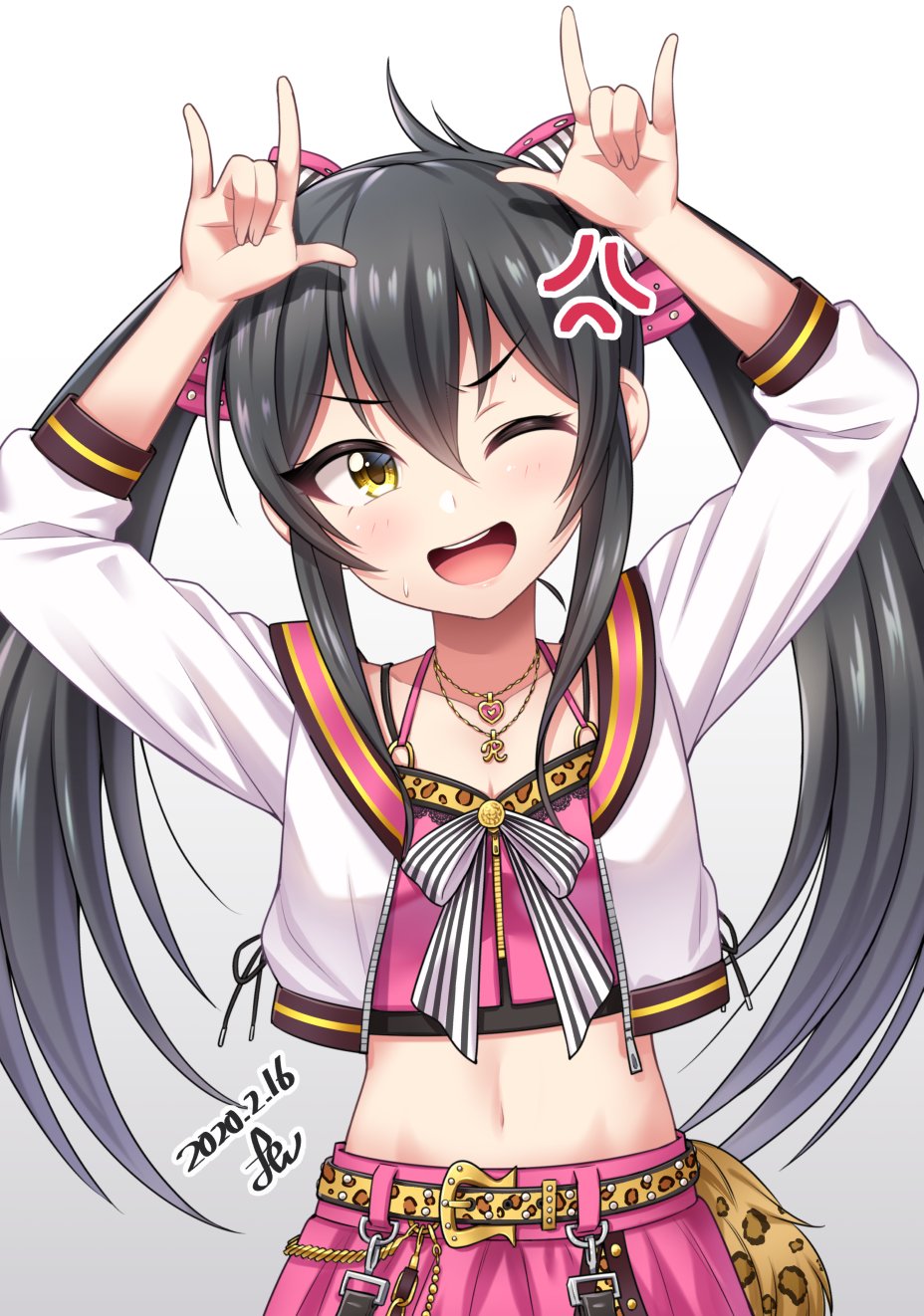 1girl \m/ anger_vein animal_print arms_up belt black_hair blush breasts cleavage collarbone cropped_jacket cropped_shirt dated dot_nose double_\m/ hair_between_eyes hair_ribbon heart heart_necklace highres idolmaster idolmaster_cinderella_girls idolmaster_cinderella_girls_starlight_stage idolmaster_cinderella_girls_u149 jacket jewelry leopard_print long_hair long_sleeves looking_at_viewer love_live! matoba_risa midriff navel necklace nico_nico_nii one_eye_closed open_clothes open_jacket open_mouth pink_shirt pink_skirt red_ribbon ribbon shirt signature simple_background skirt small_breasts smile solo sweatdrop teeth twintails v-shaped_eyebrows white_background white_jacket yazawa_nico yellow_belt yellow_eyes yoohi