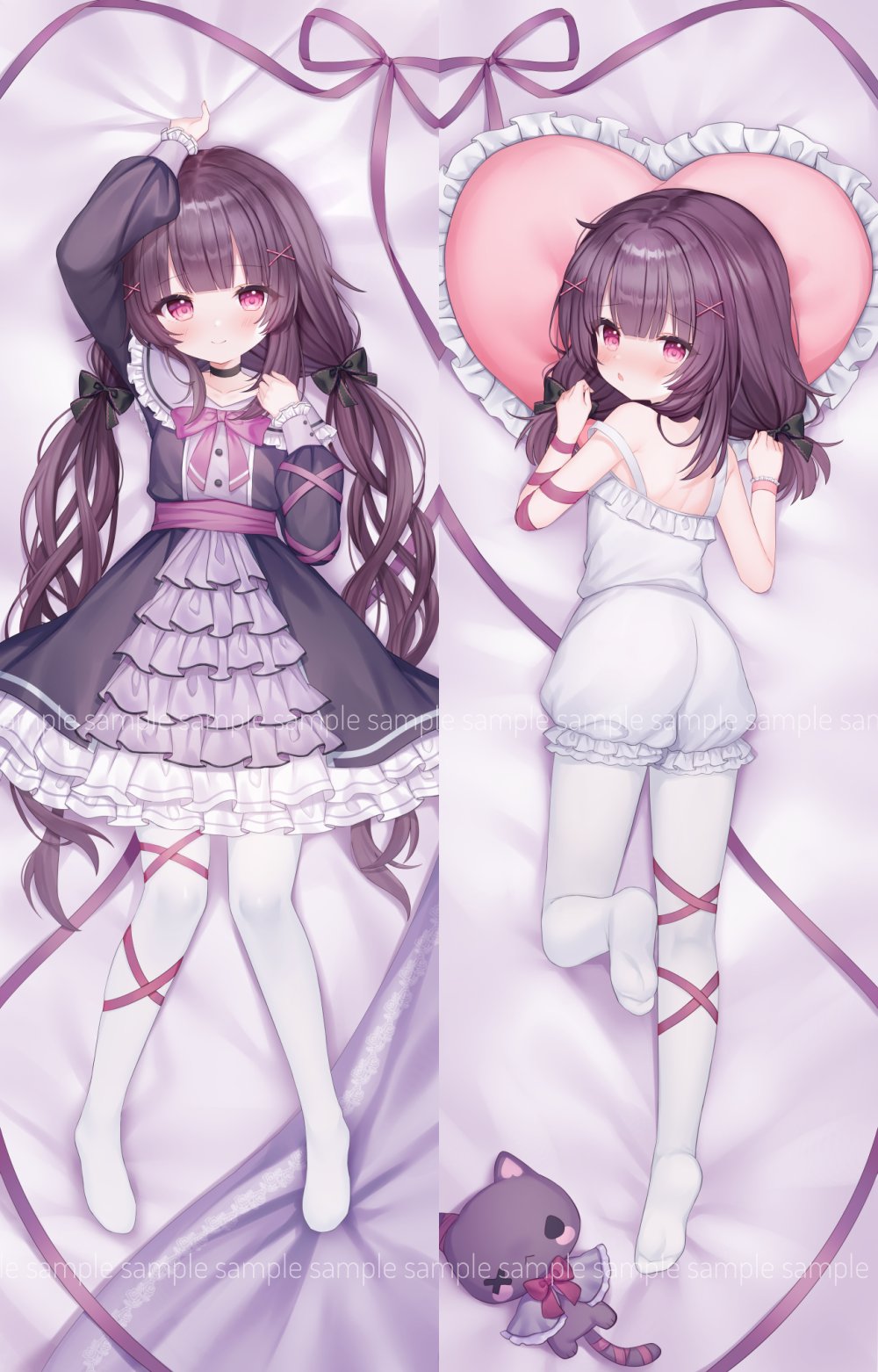 1girl arm_ribbon arm_up bare_shoulders blush commentary dakimakura_(medium) dress english_commentary fallenshadow frilled_dress frills full_body hair_ornament heart heart_pillow highres indie_virtual_youtuber leg_ribbon long_hair long_sleeves looking_at_viewer looking_back low_twintails lying medium_hair multiple_views neck_ribbon nightgown on_back on_stomach open_mouth pantyhose pillow pink_eyes purple_hair purple_ribbon ribbon sample_watermark shouu-kun single_wrist_cuff smile strap_slip stuffed_animal stuffed_cat stuffed_toy twintails very_long_hair virtual_youtuber white_nightgown white_pantyhose wrist_cuffs wrist_ribbon x_hair_ornament