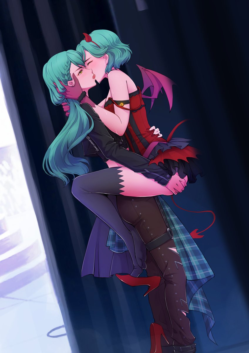 2girls aqua_hair backstage bang_dream! bare_shoulders black_jacket black_thighhighs blush brown_pants closed_eyes demon_costume dress fake_horns fake_tail fake_wings french_kiss green_eyes hand_on_another's_ass high_heels horns incest jacket kiss long_hair medium_hair multiple_girls pants red_dress red_footwear rin.hayashiki rocker-chic shoes siblings sisters tail thighhighs twincest twins unworn_shoes wings yuri
