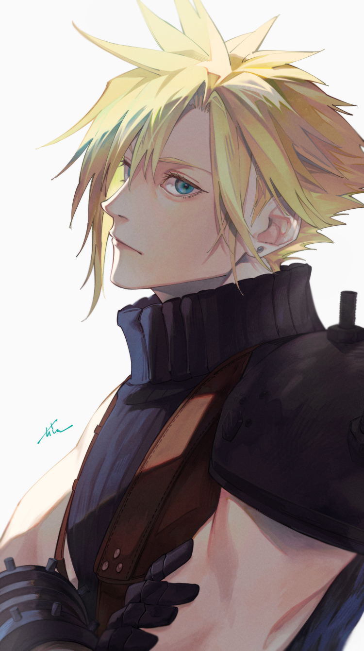 1boy armor black_gloves blonde_hair blue_eyes blue_sweater closed_mouth cloud_strife commentary crossed_arms earrings final_fantasy final_fantasy_vii final_fantasy_vii_remake from_side gloves hair_between_eyes highres jewelry looking_to_the_side male_focus mim_(mimya0600) short_hair shoulder_armor signature simple_background single_bare_shoulder sleeveless sleeveless_turtleneck solo spiked_hair stud_earrings suspenders sweater turtleneck turtleneck_sweater upper_body