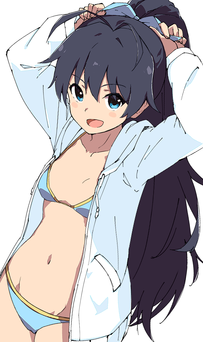 1girl antenna_hair arms_up bikini black_hair blue_bikini blue_eyes blue_ribbon blush breasts collarbone cowboy_shot ganaha_hibiki hair_ribbon highres hood hood_down hoodie idolmaster idolmaster_(classic) idolmaster_million_live! idolmaster_million_live!_theater_days long_hair long_sleeves looking_at_viewer medium_breasts midriff navel open_clothes open_hoodie open_mouth ponytail rauto ribbon simple_background smile solo swimsuit white_background white_hoodie