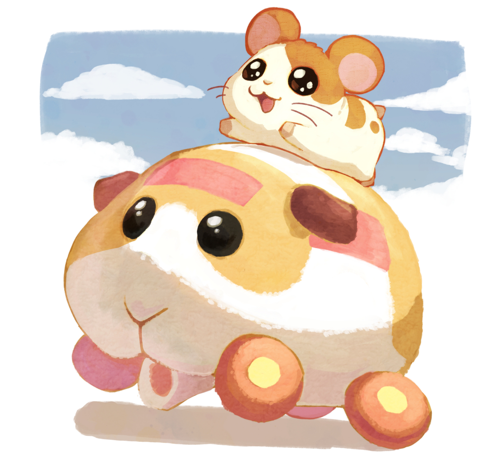 :3 animal_focus black_eyes blue_sky brown_eyes cloud commentary_request crossover full_body guinea_pig hamster hamtaro hamtaro_(series) molcar motor_vehicle no_humans open_mouth outdoors potato_(pui_pui_molcar) pui_pui_molcar riding riding_animal sky smile tokumaro