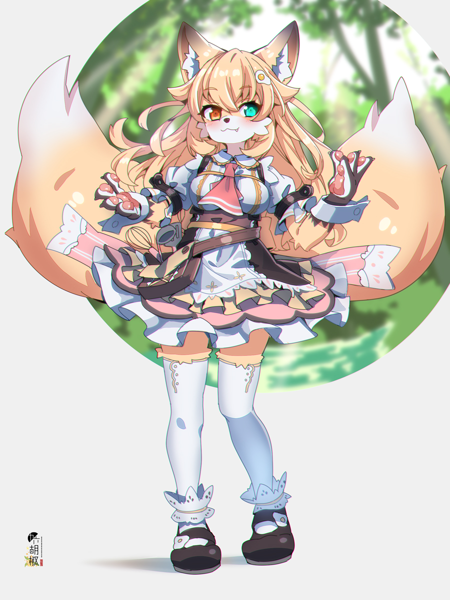 1girl :3 animal_ears animal_hands black_footwear blurry blurry_background breasts closed_mouth collared_shirt commentary_request commission depth_of_field fang fang_out fox_ears fox_girl fox_tail frilled_skirt frills furry furry_female grey_background highres kitsune kuro_kosyou medium_breasts multiple_tails original pink_skirt puffy_short_sleeves puffy_sleeves shirt shoes short_sleeves skeb_commission skirt smile solo tail thighhighs tree two_tails white_shirt white_thighhighs