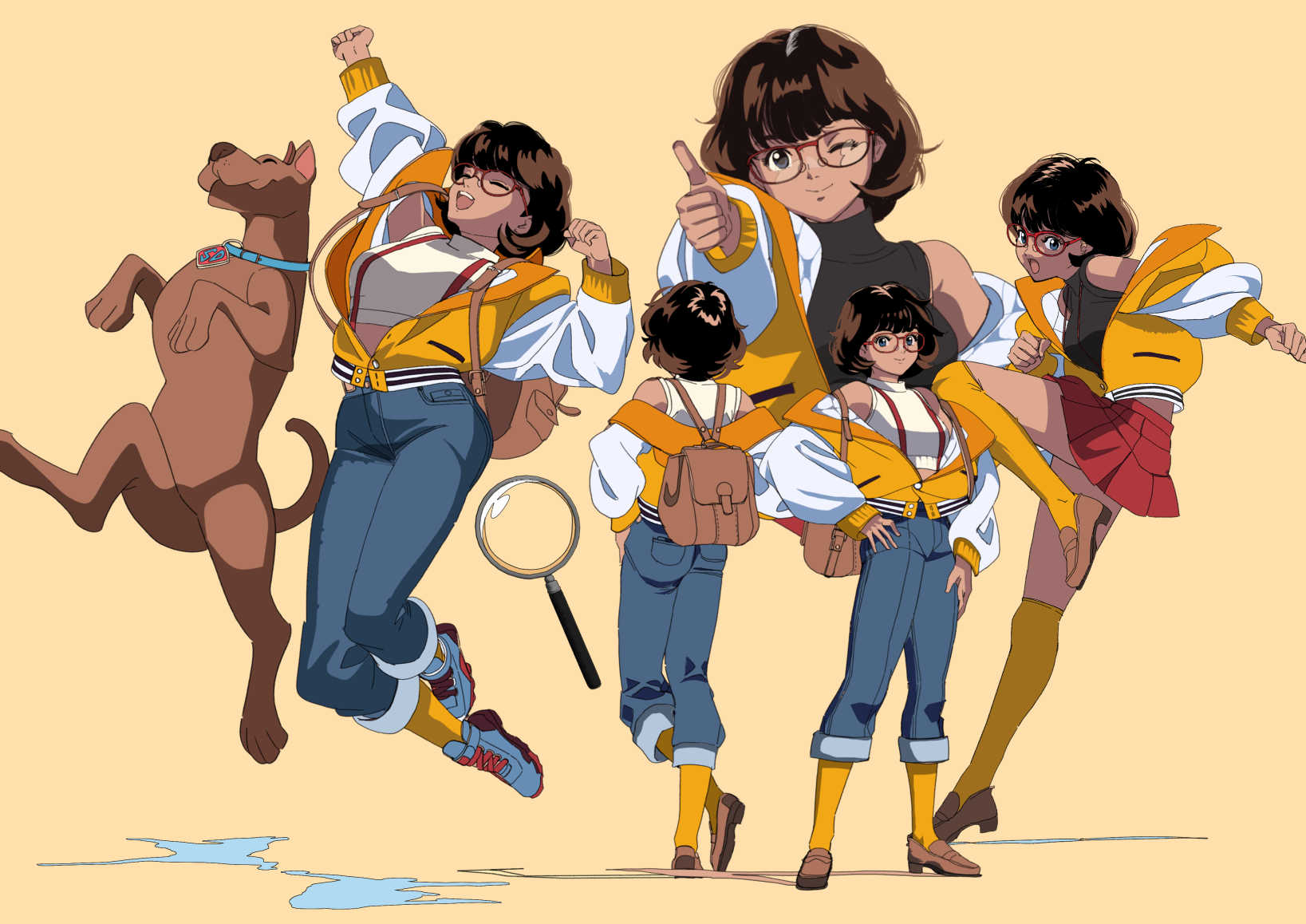 1girl animal_collar animification arm_up backpack bag baseball_cap breasts brown_hair collar dark-skinned_female dark_skin denim dog edoya_inuhachi english_commentary full_body glasses great_dane halterneck hand_on_own_hip hat highres jacket jeans jumping knee_up magnifying_glass midriff multiple_views off_shoulder one_eye_closed orange_thighhighs pants partially_unzipped scooby-doo scooby-doo_(character) shirt shoes short_hair simple_background skirt sleeveless sleeveless_shirt smile sneakers suspenders thighhighs thumbs_up velma_dace_dinkley