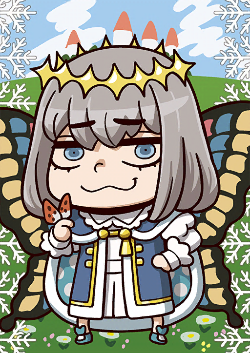 1boy april_fools blue_cape blue_eyes blue_footwear blue_sky bug butterfly cape castle chibi crown fate/grand_order fate_(series) grey_hair looking_at_viewer oberon_(fate) oberon_(first_ascension)_(fate) riyo_(lyomsnpmp) sky snowflakes wings