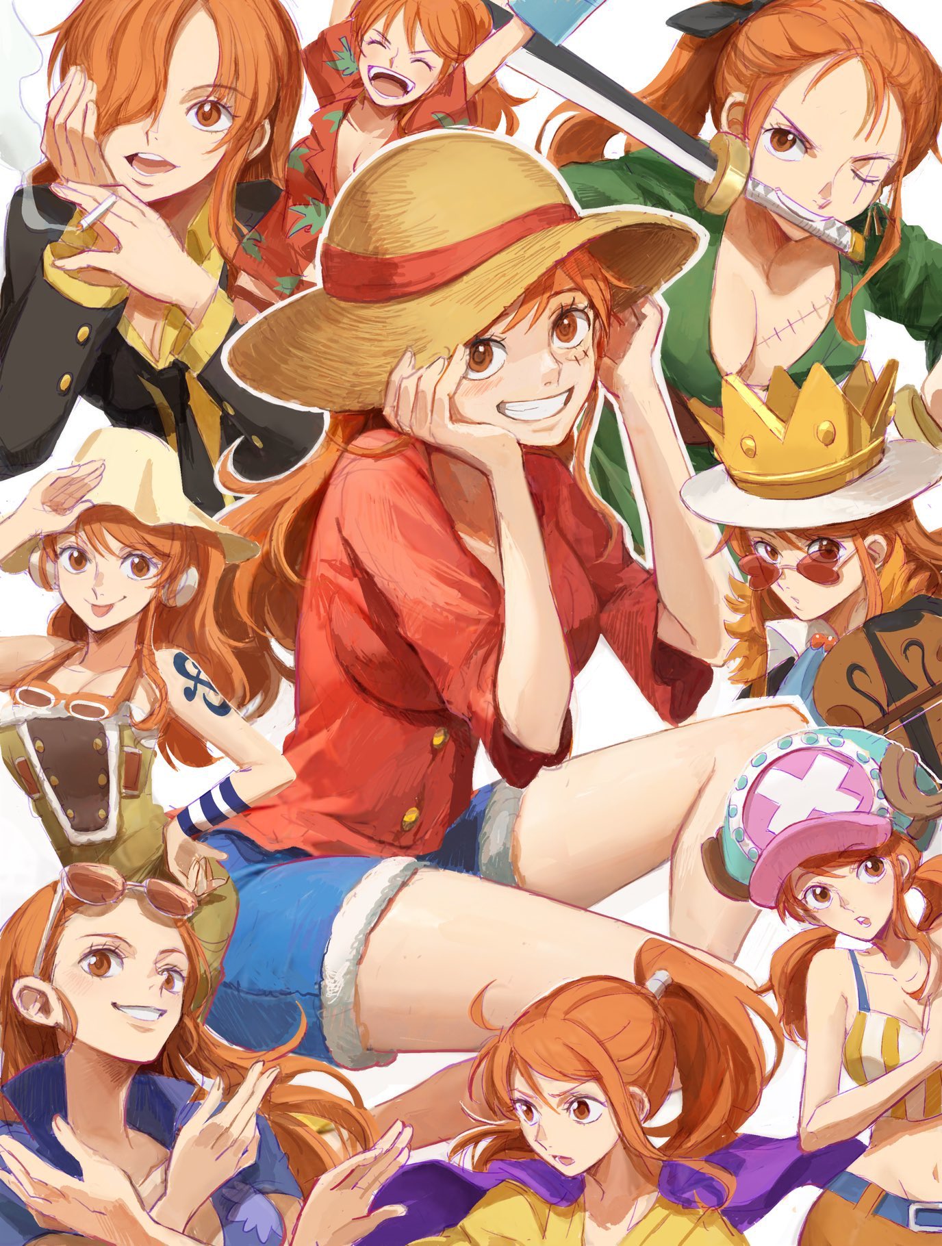 1girl arm_tattoo bare_shoulders breasts brook_(one_piece) brook_(one_piece)_(cosplay) brown_headwear cape cigarette cleavage cosplay crown denim denim_shorts franky_(one_piece) franky_(one_piece)_(cosplay) fur-trimmed_shorts fur_trim glasses grin hair_over_one_eye hand_on_own_hip hat highres holding holding_cigarette jinbe_(one_piece) jinbe_(one_piece)_(cosplay) large_breasts long_sleeves monkey_d._luffy monkey_d._luffy_(cosplay) multiple_views nami_(one_piece) oekakiboya one_piece orange_eyes parted_lips ponytail red-tinted_eyewear red_shirt roronoa_zoro roronoa_zoro_(cosplay) sanji_(one_piece) sanji_(one_piece)_(cosplay) scar scar_on_breasts shirt shorts simple_background smile smoking straw_hat sunglasses sword tattoo teeth tinted_eyewear tony_tony_chopper tony_tony_chopper_(cosplay) usopp usopp_(cosplay) weapon weapon_in_mouth white_background