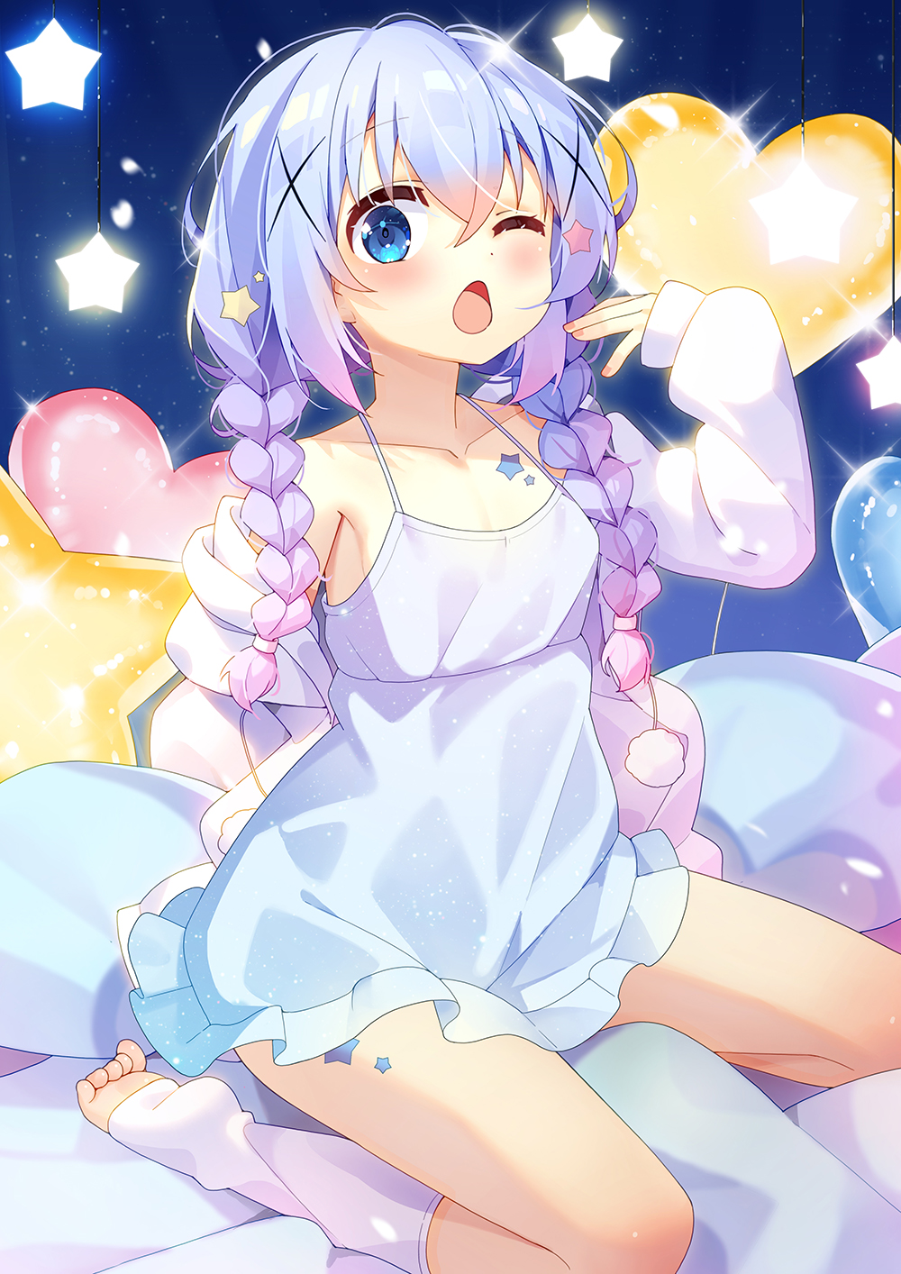 1girl alternate_costume alternate_hairstyle blue_camisole blue_eyes blue_hair braid camisole gochuumon_wa_usagi_desu_ka? hair_between_eyes hair_ornament highres kafuu_chino light_blue_hair long_hair loose_socks one_eye_closed open_mouth sidelocks sitting socks solo spaghetti_strap strap_slip taku_michi toes twin_braids x_hair_ornament yawning