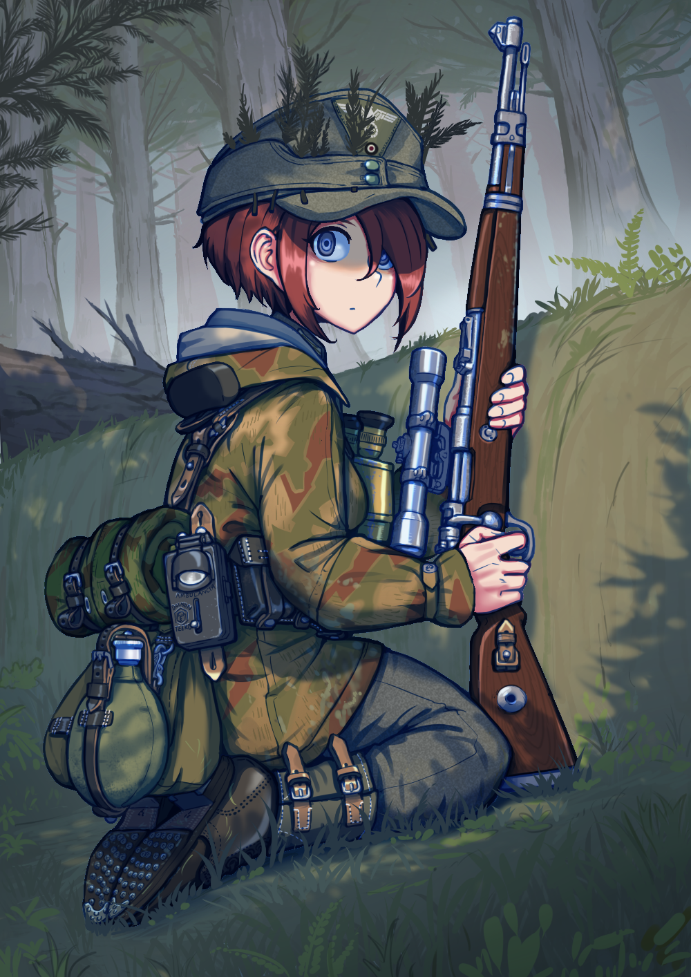 1girl belt binoculars bolt_action boots brown_hair buckle camouflage canteen commentary erica_(naze1940) forest german_commentary gloves gun hat highres holding holding_gun holding_weapon mauser_98 military military_uniform nature original rifle scope short_hair sniper_rifle soldier solo swastika uniform weapon wehrmacht woodland_camouflage world_war_ii