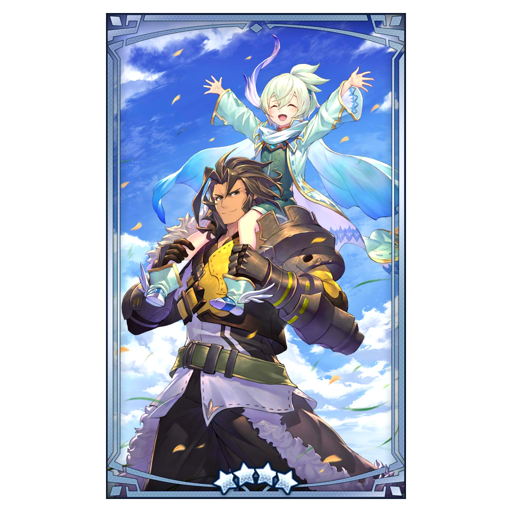 2boys arms_up bara blue_sky cape carrying closed_eyes cloud cloudy_sky dragalia_lost falling_leaves hands_on_another's_leg leaf looking_at_another lowen_(dragalia_lost) male_focus multiple_boys official_art open_mouth piggyback ranzal_(dragalia_lost) sky smile star_(symbol) takamine_nadare wind winged_footwear