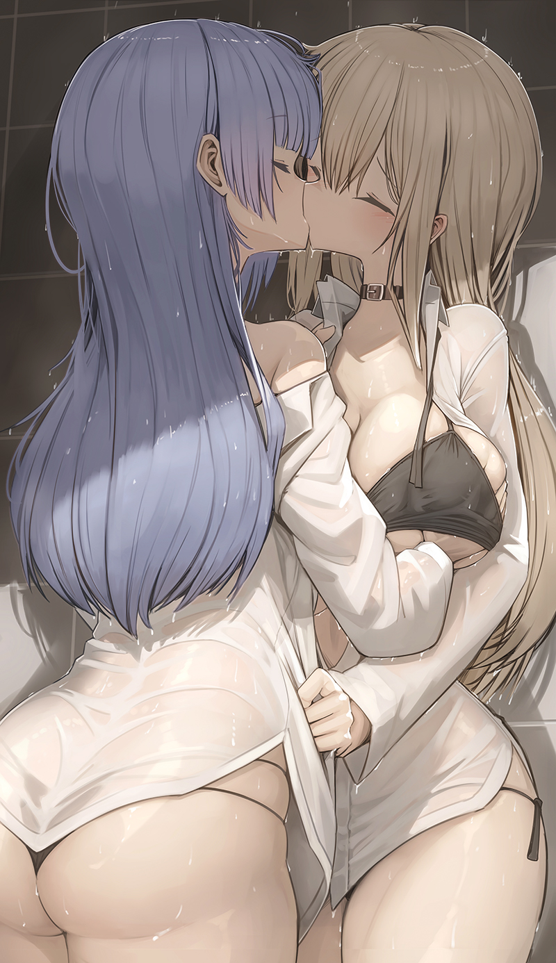 2girls ass belt_collar black_bra black_panties blonde_hair blush borrowed_character bra character_request closed_eyes collar collared_shirt commentary_request commission date_a_live genek grabbing grabbing_another's_breast highres izayoi_miku kiss long_hair long_sleeves multiple_girls original panties purple_hair shirt skeb_commission underwear white_shirt yuri