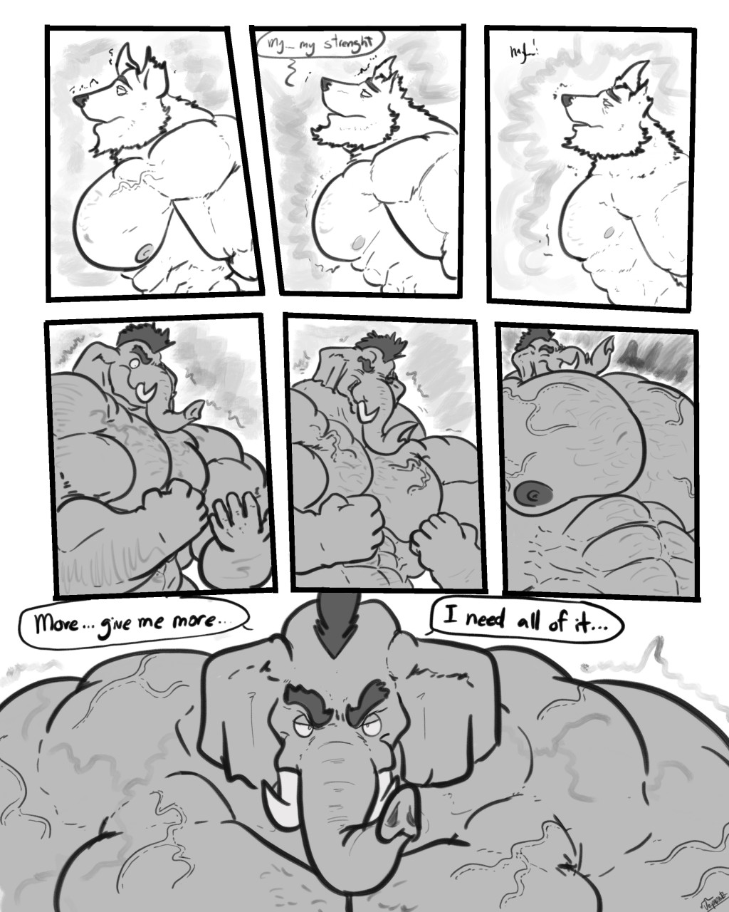 anthro asking_for_more big_biceps big_muscles canid canine canis comic draining duo elephant elephantid growth hi_res huge_muscles hyper_pecs male male/male mammal mohawk muscle_growth muscular muscular_anthro muscular_male proboscidean shrinking shrinking_muscles size_transformation text thick_thighs transformation uniparasite vain weak wolf xythan_(character)
