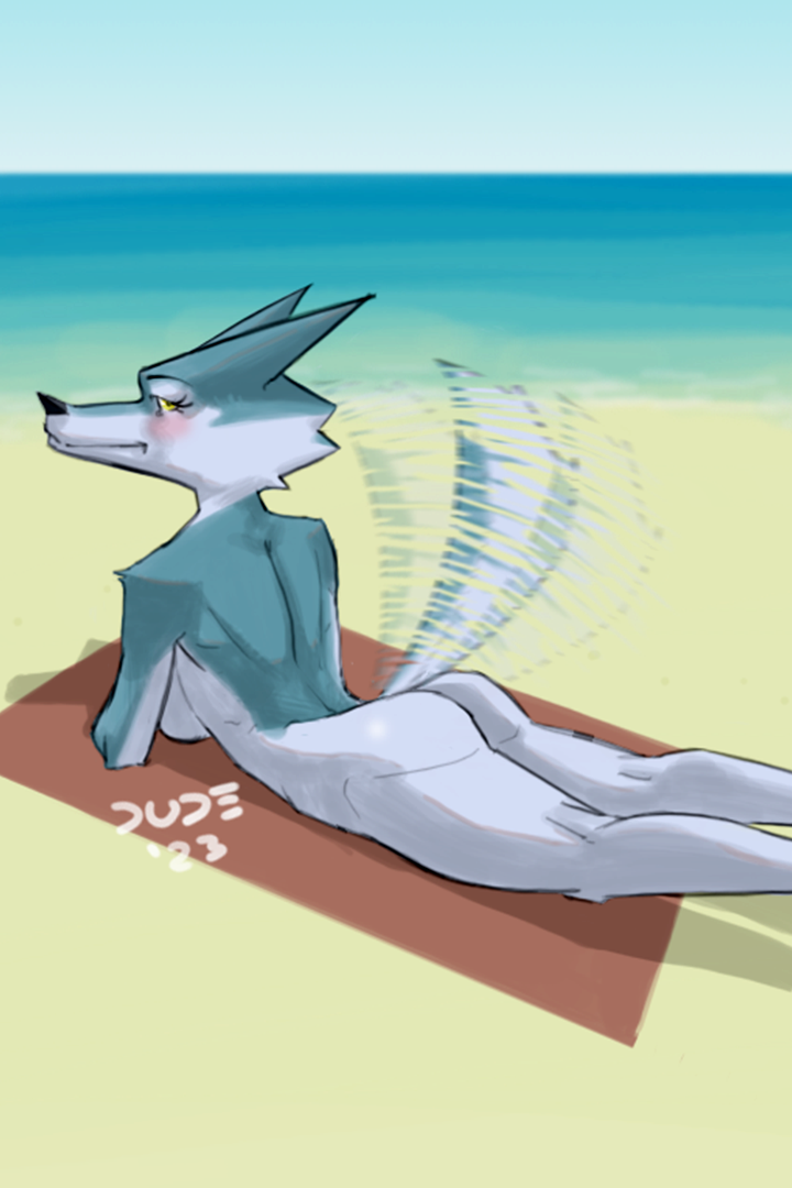 2:3 anthro arctic_wolf arm_support bare_shoulders beach blue_body blue_fur blush breasts butt canid canine canis cheek_tuft clear_sky dudles eyebrows eyelashes facial_tuft female fur illumination_entertainment leaning_on_elbow looking_at_viewer lying mammal multicolored_body multicolored_fur nude on_front porsha_crystal red_towel seaside sing_(movie) sky solo tail tail_motion tailwag towel tuft water white_body white_fur wolf yellow_eyes