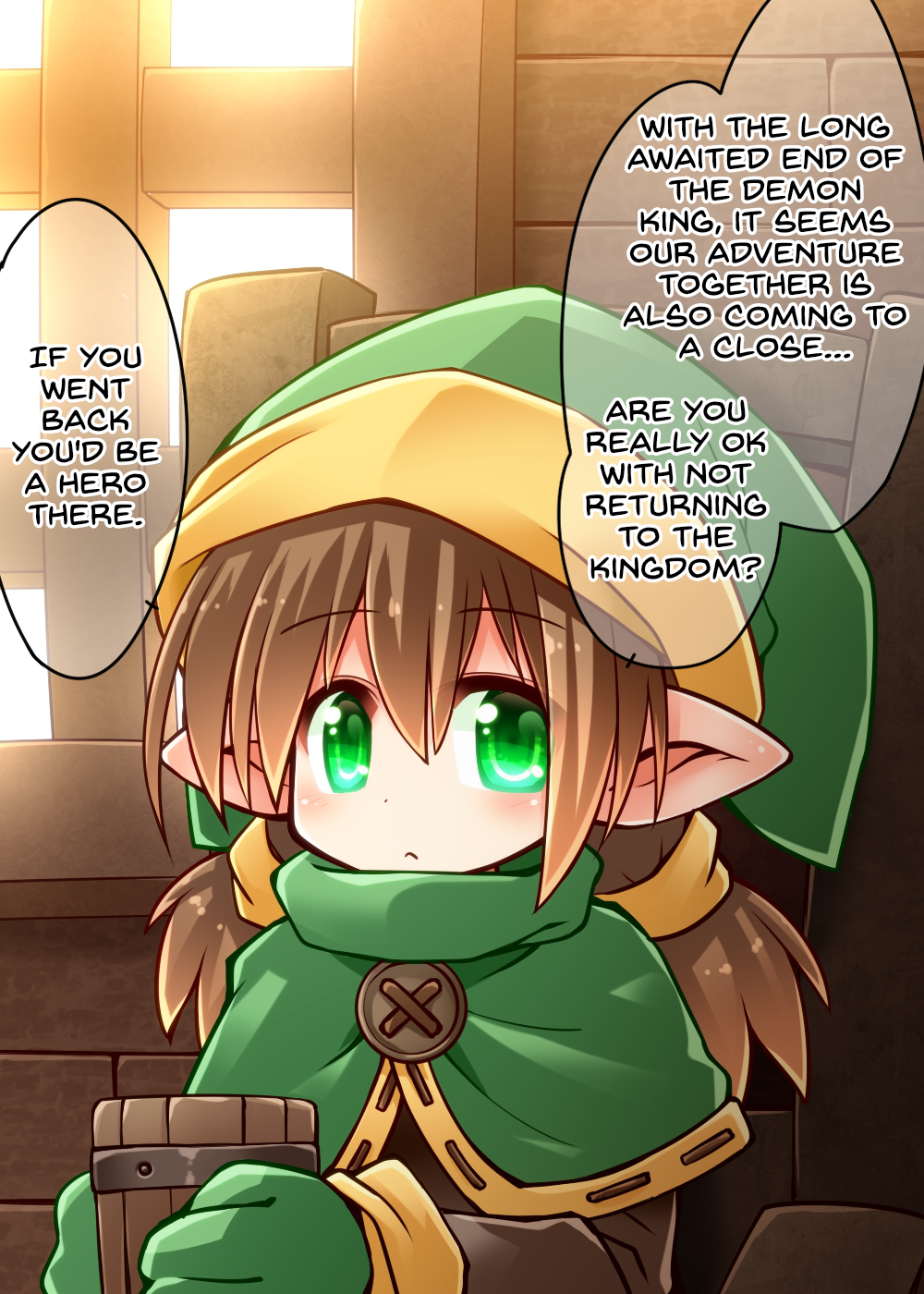 barrel brown_hair child clothed clothing cute_fangs digital_media_(artwork) elf english_text female flat_chested gloves green_cap green_clothing green_gloves green_handwear hair handwear hat headgear headwear hi_res humanoid humanoid_pointy_ears kso light_body light_skin looking_at_viewer not_furry phrygian_cap solo speech_bubble tankard text young