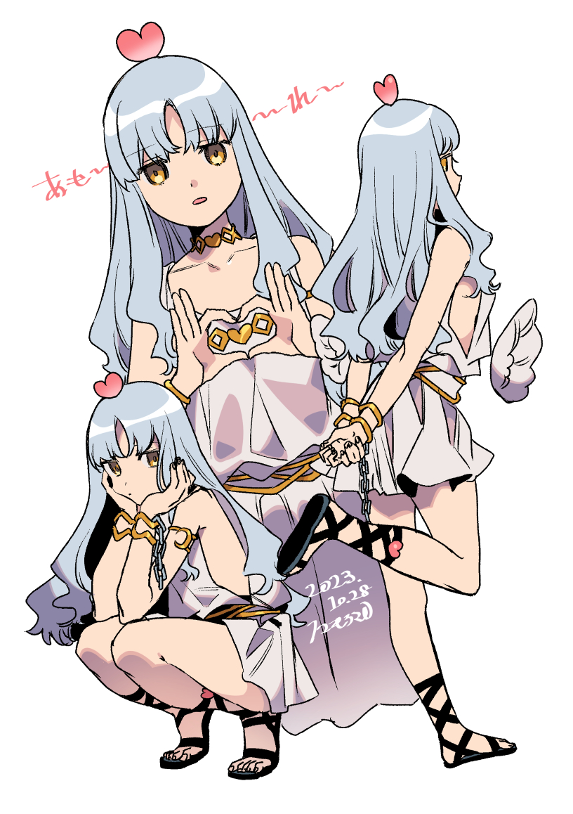 1girl armlet bare_shoulders bracelet caren_hortensia caren_hortensia_(amor_caren) caren_hortensia_(amor_caren)_(first_ascension) chain collarbone dress fate/grand_order fate/hollow_ataraxia fate_(series) gladiator_sandals heart jewelry long_hair low-cut_armhole noko_morokoshi sandals short_dress solo thighs wavy_hair white_dress white_hair wings yellow_eyes