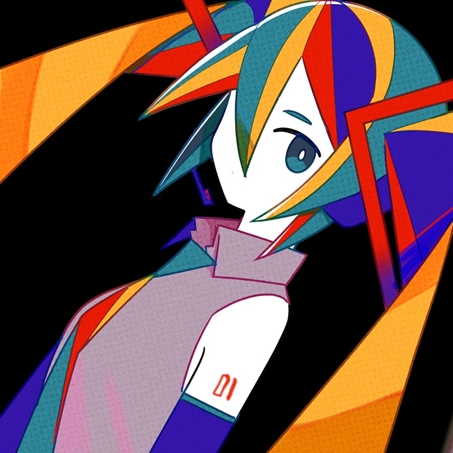 1girl aqua_eyes arm_tattoo bare_shoulders black_background breasts bright_pupils collared_shirt colored_skin colorful commentary detached_sleeves from_side hair_between_eyes hair_ornament halftone hatsune_miku headset long_hair looking_at_viewer looking_to_the_side machigami_yoh multicolored_hair multicolored_necktie necktie number_tattoo shirt simple_background sleeveless sleeveless_shirt small_breasts solo tattoo twintails upper_body vocaloid white_pupils white_skin