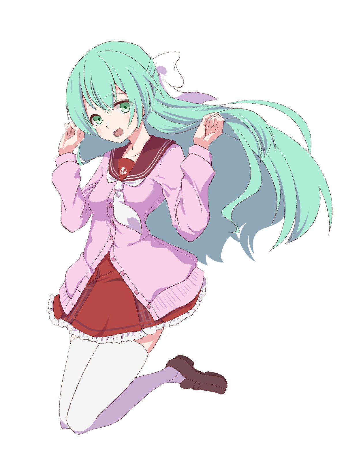 1girl :d assault_lily bow brown_footwear brown_sailor_collar buttons cardigan commentary floating_hair frilled_skirt frills full_body green_eyes green_hair gumoyu hair_between_eyes hair_bow half_updo hands_up highres kanba_girls_high_school_uniform knees_together_feet_apart legs_up light_blush loafers long_hair long_sleeves looking_at_viewer midair miniskirt necktie open_mouth partially_unbuttoned pink_cardigan red_skirt sailor_collar school_uniform serafuku shoes short_necktie simple_background skirt smile solo thighhighs toki_kureha very_long_hair w_arms white_background white_bow white_necktie white_thighhighs