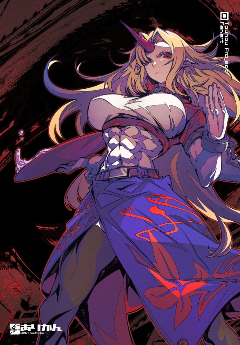 1girl alcohol arikanrobo artist_name belt black_thighhighs blonde_hair breasts chain closed_mouth cuffs cup holding holding_cup horns hoshiguma_yuugi large_breasts long_hair muscular muscular_female navel oni_horns pointy_ears red_belt red_eyes red_horns sakazuki sake short_sleeves single_horn solo thighhighs touhou twitter_username