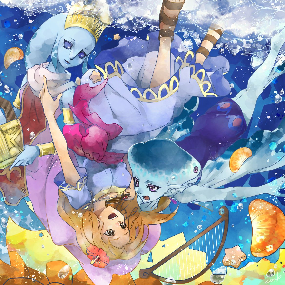 3girls arm_at_side armlet artist_name barefoot blank_eyes blonde_hair blue_background blue_dress blue_eyes blue_skin bracer breasts brown_eyes brown_footwear bubble colored_skin commentary_request dress earrings eye_contact fins fish_girl flower food fruit full_body furry furry_female gem gold hair_flower hair_ornament hand_up happy harp head_fins headpiece hibiscus holding in-franchise_crossover instrument jewelry kandori_makoto laruto legs long_dress long_hair looking_at_another mandarin_orange marin_(the_legend_of_zelda) multiple_girls necklace open_mouth orange_(fruit) orange_slice pink_ribbon pointy_ears princess_ruto purple_dress purple_eyes red_flower red_gemstone ribbon sandals sash scarf short_dress sidelocks signature sleeveless sleeveless_dress small_breasts smile star_(symbol) swimming tabard teeth the_legend_of_zelda the_legend_of_zelda:_link's_awakening the_legend_of_zelda:_ocarina_of_time the_legend_of_zelda:_the_wind_waker underwater upside-down white_scarf zora