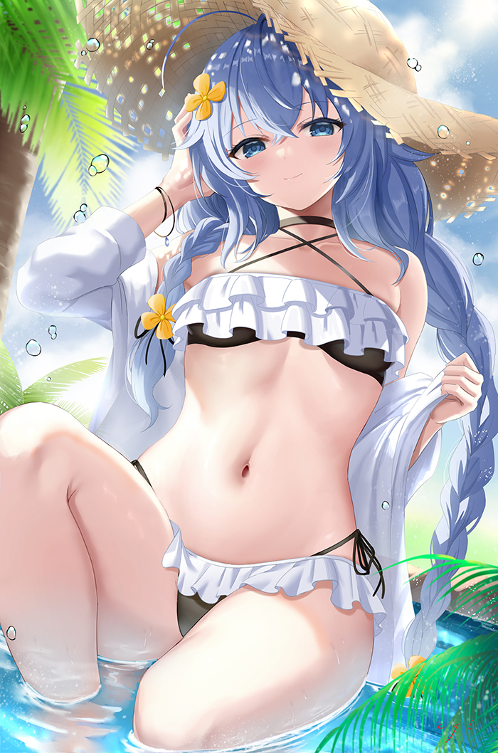 1girl ahoge bare_shoulders bikini black_bikini blue_eyes blue_hair blue_sky blush braid breasts closed_mouth collarbone crossed_bangs cyicheng frills hair_between_eyes hat long_hair long_sleeves looking_at_viewer mushoku_tensei navel off_shoulder open_clothes open_shirt palm_tree roxy_migurdia shirt sitting sky small_breasts smile solo straw_hat swimsuit thighs tree twin_braids two-tone_bikini water white_bikini white_shirt