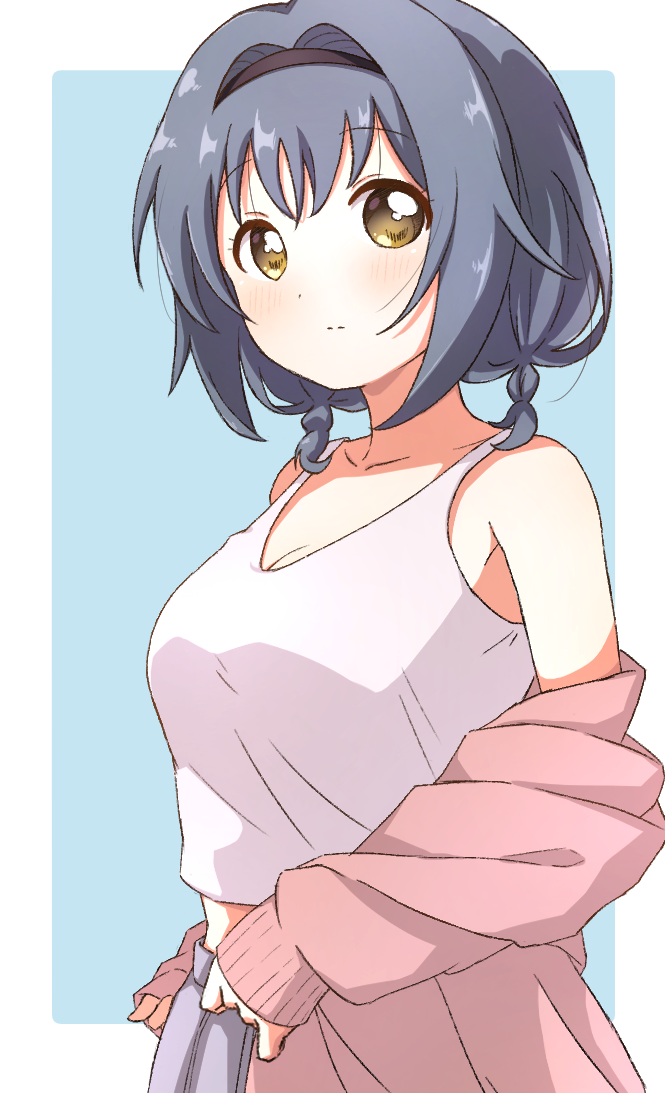 1girl black_hairband blue_background blue_hair blush border braid breasts brown_eyes cleavage closed_mouth collarbone commentary furutani_himawari hairband looking_at_viewer medium_breasts medium_hair minatsuki_hitoka outside_border pink_sweater pleated_skirt skirt sleeves_past_wrists solo sweater tank_top twin_braids white_border white_tank_top yuru_yuri