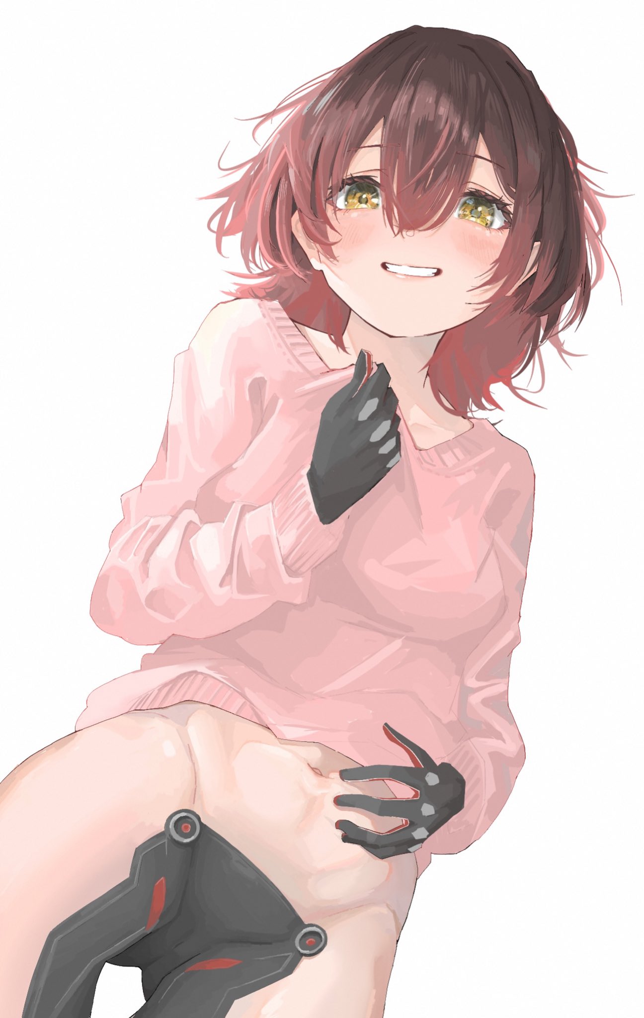 1girl 9tk9m alternate_costume ass_visible_through_thighs blush brown_hair clothes_tug gradient_hair hair_between_eyes highres hololive looking_at_viewer medium_hair multicolored_hair navel pink_sweater pussy roboco-san robot_girl smile solo sweater sweater_tug virtual_youtuber white_background yellow_eyes