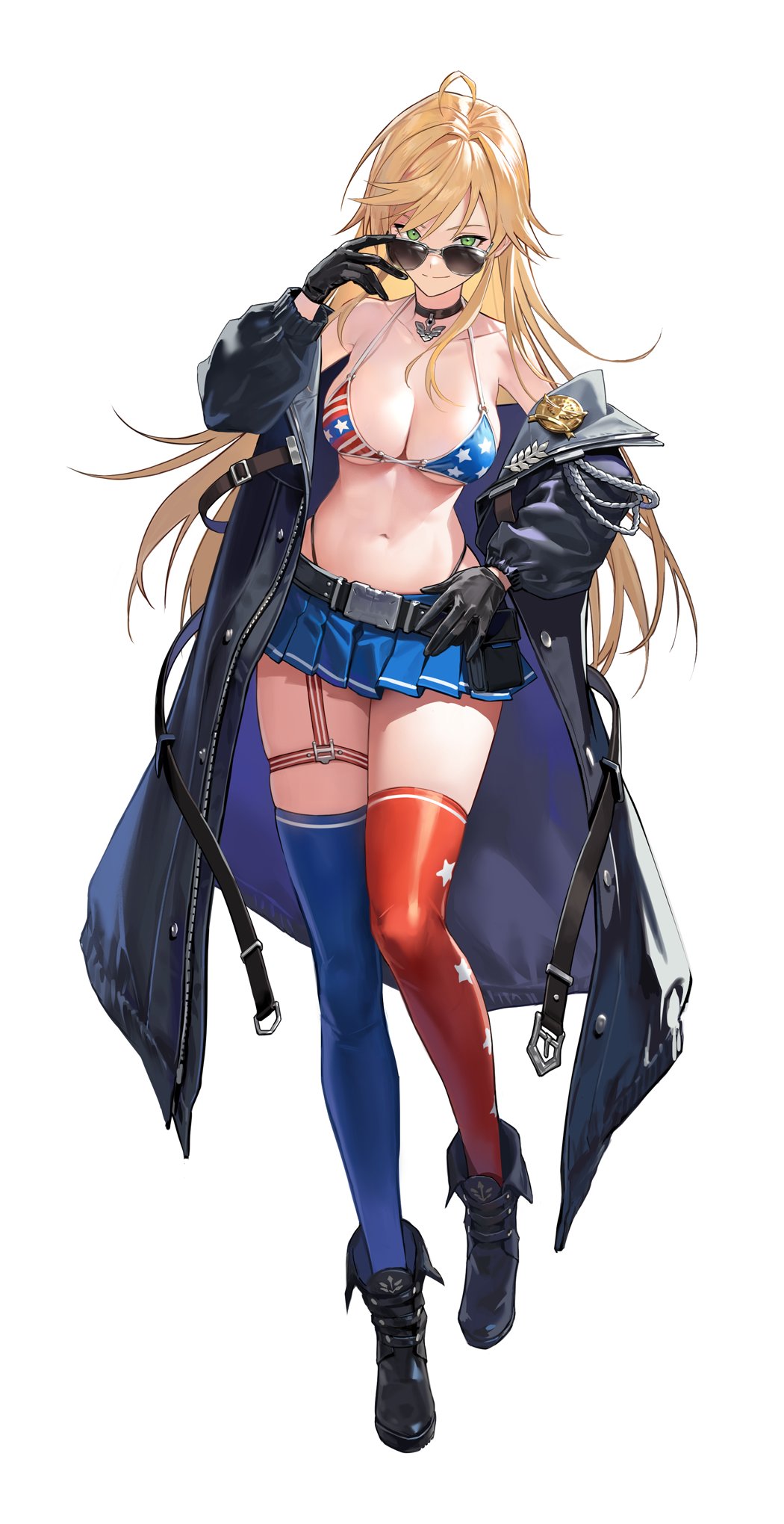 1girl ahoge american_flag_bikini asymmetrical_legwear bare_shoulders belt bikini bikini_top_only black_gloves blonde_hair blue_thighhighs boots breasts butyou_(mika1412) choker cleavage closed_mouth collarbone commentary_request counter:side flag_print full_body genderswap genderswap_(mtf) gloves green_eyes highleg highleg_panties highres jake_walker korean_commentary large_breasts long_hair looking_at_viewer looking_over_eyewear miniskirt mismatched_legwear navel no_shirt off_shoulder open_clothes panties red-tinted_eyewear red_thighhighs simple_background skirt solo standing stomach sunglasses swimsuit thighhighs tinted_eyewear underwear white_background