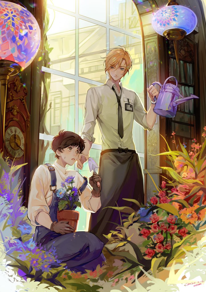 2boys apron ash_lynx banana_fish black_apron black_necktie blonde_hair blue_flower blue_overalls brown_eyes brown_hair clock couple eye_contact feet_out_of_frame flower flower_pot garden gardening grandfather_clock green_eyes holding holding_flower_pot holding_shovel holding_watering_can id_card long_sleeves looking_at_another male_focus multiple_boys necktie okumura_eiji open_mouth overalls plant purple_flower red_flower shelf shirt short_hair shovel sleeves_rolled_up squatting sweatdrop sweater turtleneck turtleneck_sweater vidave1 wall_lamp watering_can white_shirt white_sweater window yaoi