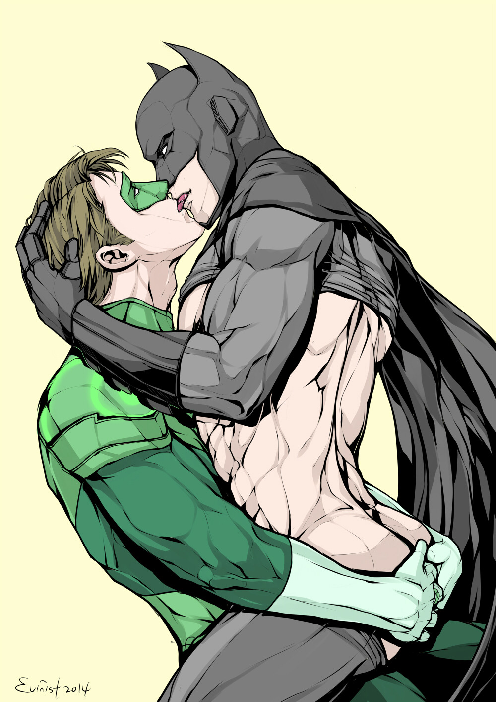2boys abs artist_name ass bara batman batman_(series) black_cape black_gloves bodysuit bodysuit_pull brown_hair bruce_wayne cape dc_comics domino_mask evinist french_kiss gloves green_bodysuit green_lantern green_lantern_(series) grey_bodysuit hal_jordan hand_on_another's_ass highres kiss large_pectorals looking_at_another male_focus mask multiple_boys muscular muscular_male pectorals short_hair simple_background tongue tongue_out white_gloves yaoi
