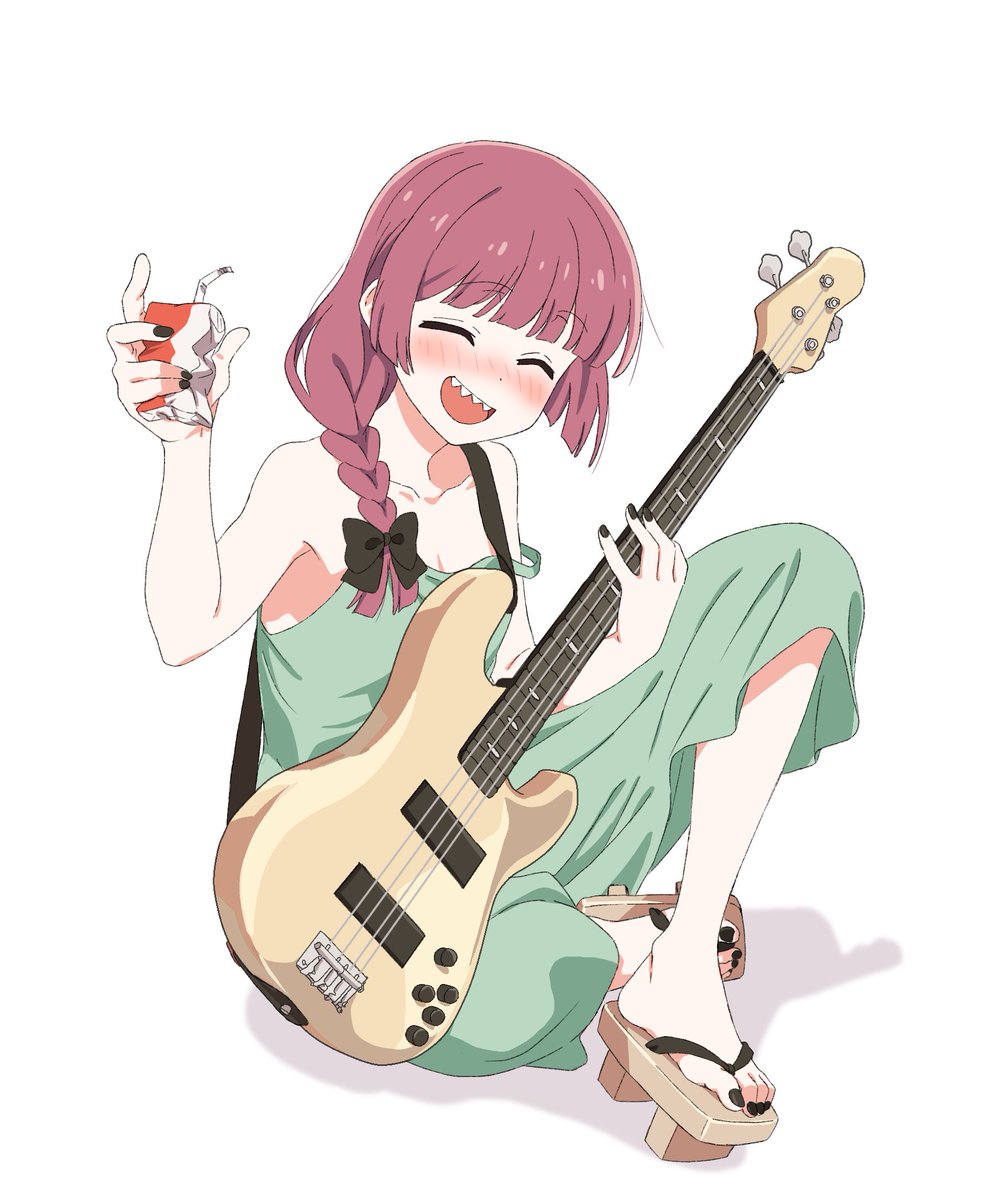 1girl alcohol_carton atsumi_tomoya bass_guitar black_bow black_nails blunt_bangs blush bocchi_the_rock! bow braid closed_eyes dress drunk green_dress hair_bow hair_over_shoulder highres hiroi_kikuri holding_carton instrument low-braided_long_hair open_mouth purple_hair sharp_teeth single_braid smile teeth