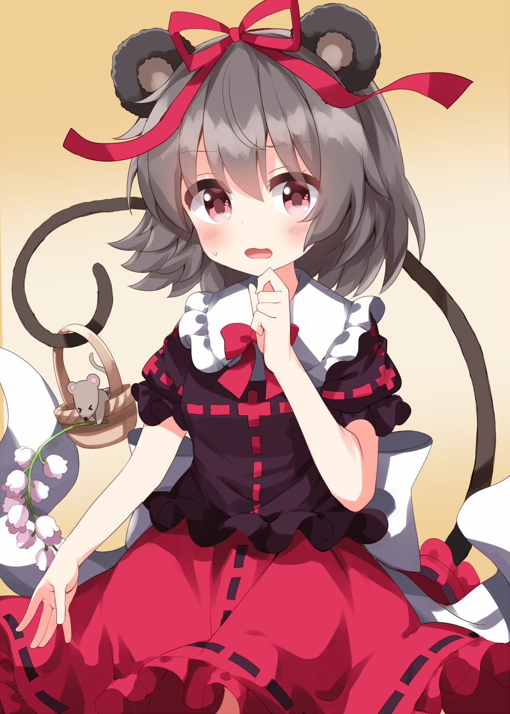 1girl animal_ears copyright_request cosplay frilled_shirt_collar frills highres kagiyama_hina kagiyama_hina_(cosplay) medium_hair mouse_ears mouse_tail nazrin one-hour_drawing_challenge red_skirt ruu_(tksymkw) short_sleeves skirt tail touhou