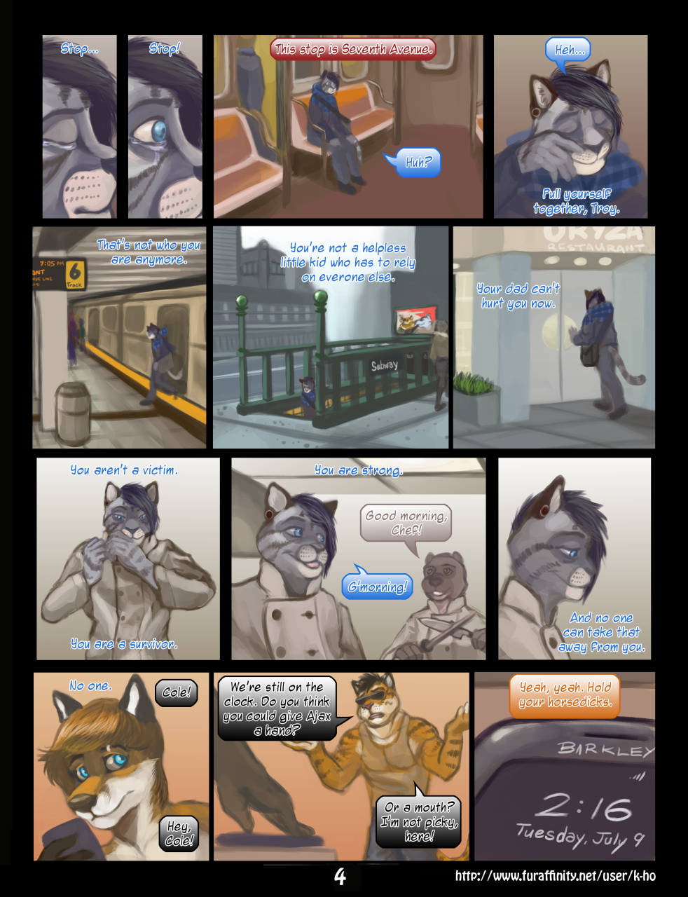 anthro black_border black_hair bodily_fluids border canid canine cellphone chef chef_uniform city clothed clothing colby_(k-ho) comic crying dialogue domestic_cat duo ear_piercing english_text eyes_closed eyewear felid feline felis fox fully_clothed fur gauged_ear grey_body grey_fur hair hi_res holding_object inside k-ho male mammal orange_body orange_fur outside pantherine phone piercing plant rapid_transit shirt sign sitting smartphone smile solo stairs striped_body striped_fur stripes subway sunglasses tank_top tears text tiger topwear troy_(k-ho)