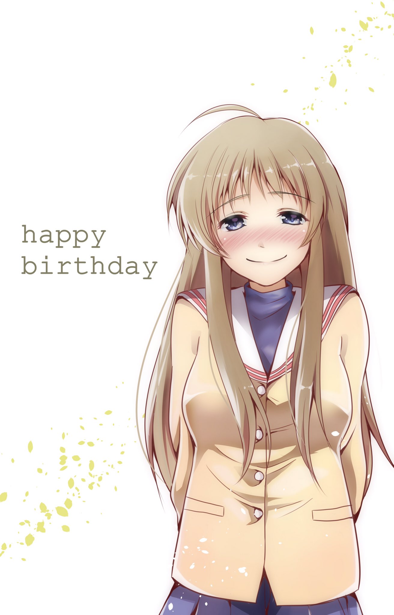 1girl ahoge arms_behind_back blue_eyes blush ca2la clannad closed_mouth commentary_request cowboy_shot eyelashes half-closed_eyes happy happy_birthday highres hikarizaka_private_high_school_uniform jacket light_brown_hair lips long_hair looking_at_viewer miyazawa_yukine nose_blush sailor_collar school_uniform sidelocks simple_background smile solo standing straight-on white_background white_sailor_collar yellow_jacket