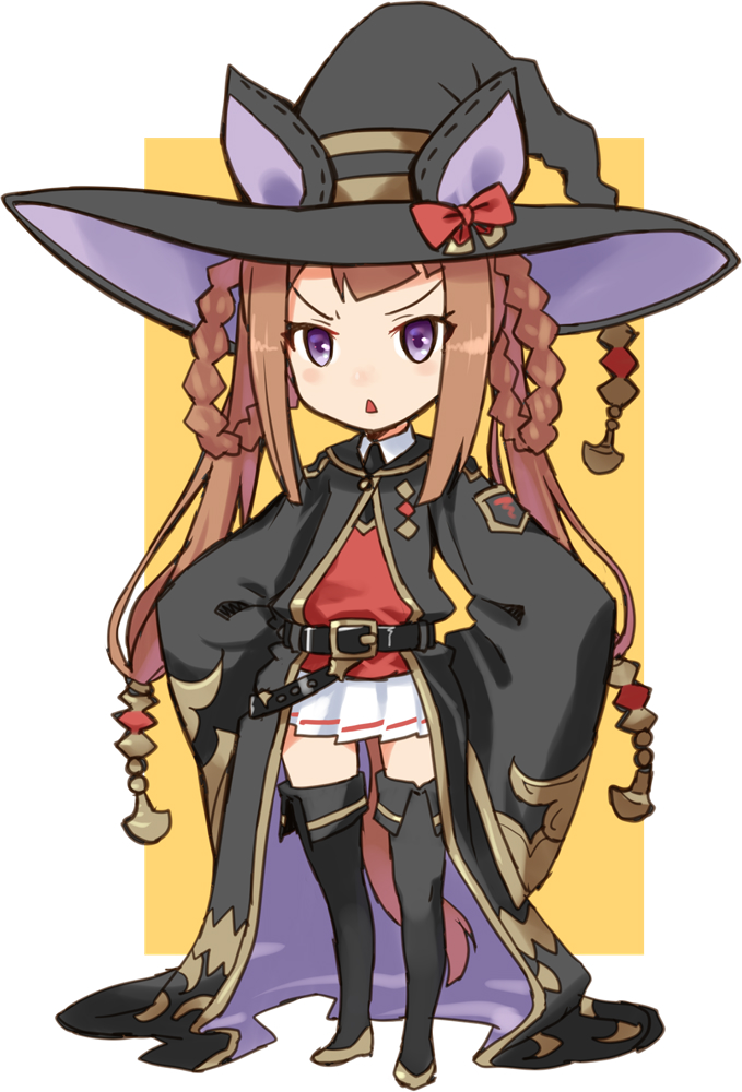 1girl :&lt; angry animal_ears belt black_belt black_cape black_footwear boots border brown_hair buckle cape ear_covers full_body hair_rings hat horse_ears katahira_masashi long_hair long_sleeves looking_at_viewer pleated_skirt purple_eyes red_shirt shirt skirt sleeves_past_wrists solo standing sweep_tosho_(umamusume) thigh_boots triangle_mouth umamusume white_border white_skirt witch_hat yellow_background