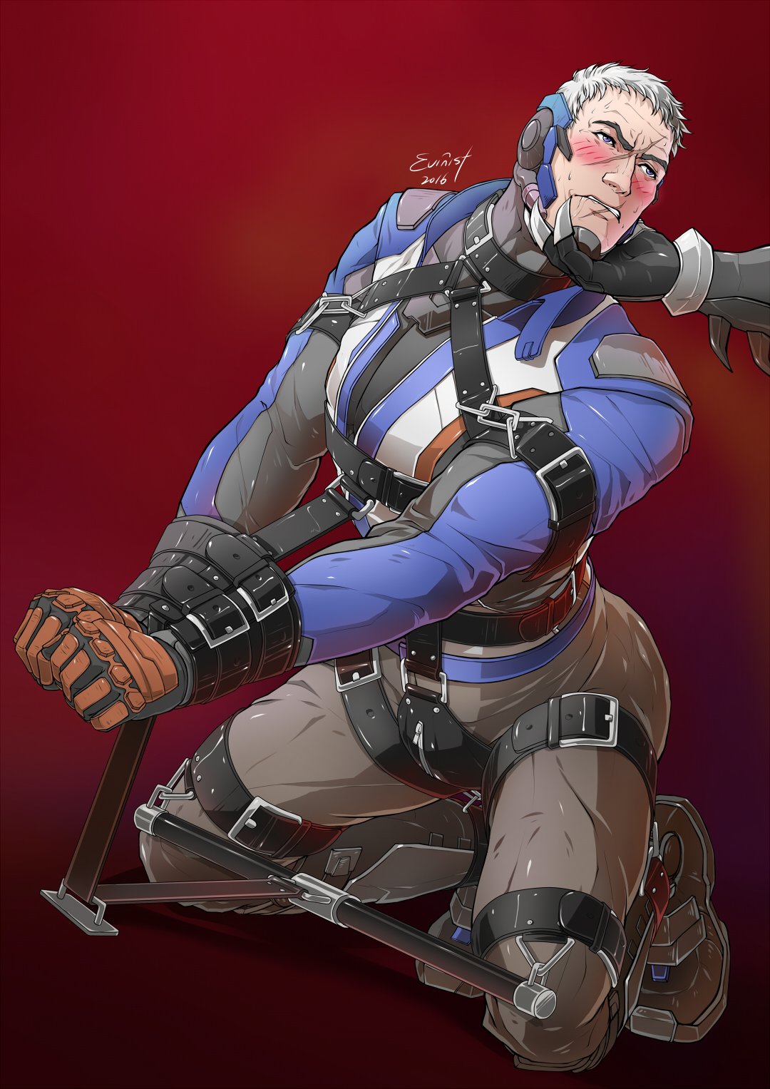 2boys artist_name bara black_gloves black_jacket black_shirt blue_eyes blue_jacket blush boots bound bound_ankles bound_legs bound_wrists brown_pants evinist gloves gradient_background highres jacket kneeling large_pectorals male_focus multicolored_clothes multicolored_jacket multiple_boys muscular muscular_male overwatch overwatch_1 pants pectorals reaper_(overwatch) red_gloves red_jacket restrained scar scar_on_face shibari shirt short_hair simple_background soldier:_76_(overwatch) solo_focus two-tone_gloves white_hair white_jacket yaoi