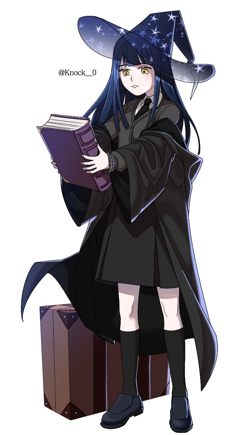 1girl black_footwear black_necktie black_skirt black_socks black_sweater blue_hair book collared_shirt full_body hat highres holding holding_book knock_0 necktie original see-through_headwear shirt shoes simple_background skirt socks solo suitcase sweater twitter_username white_background white_shirt witch witch_hat yellow_eyes