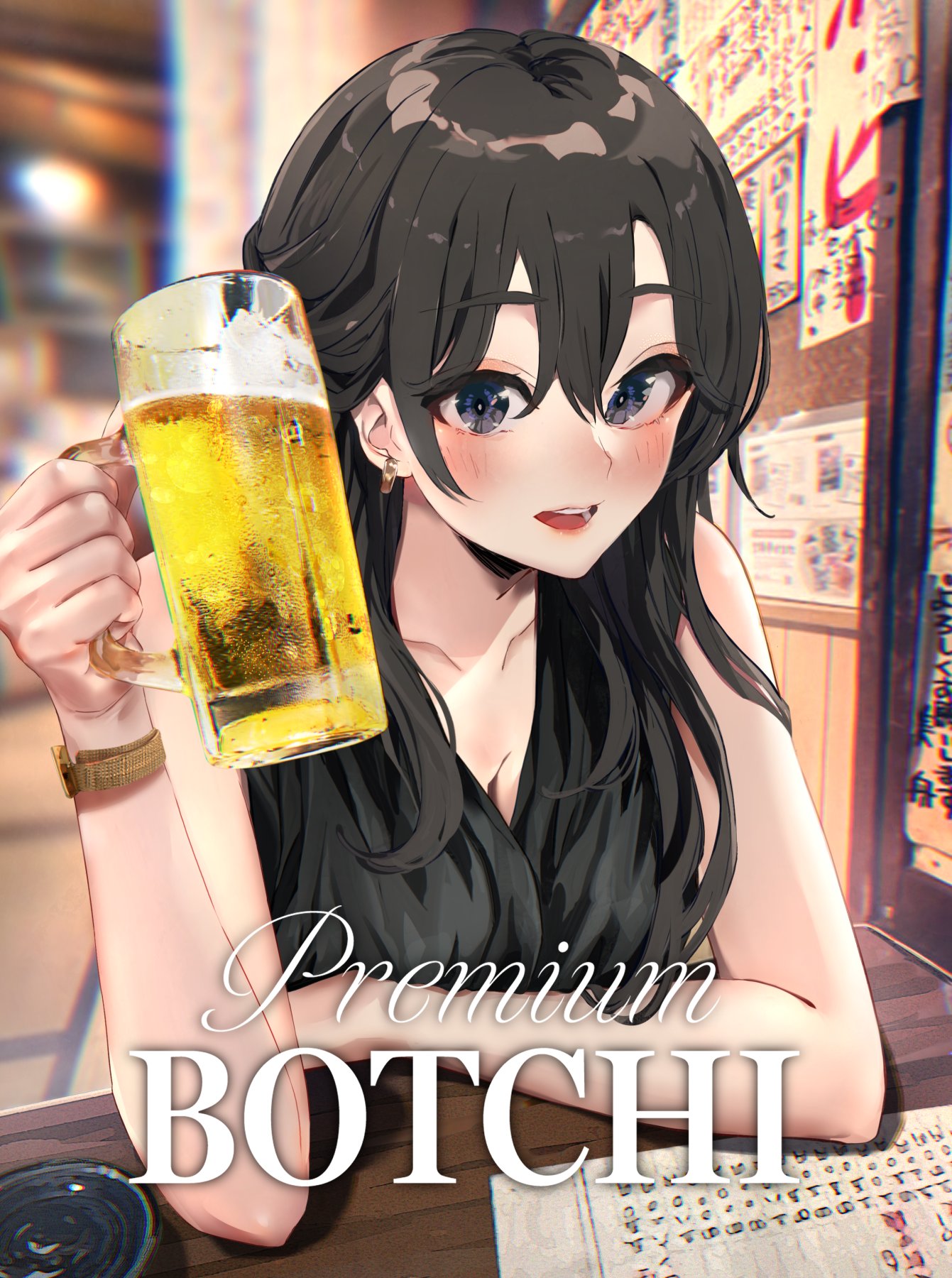 1girl alcohol arm_rest ashtray bare_shoulders beer beer_mug black_dress blue_eyes blurry blush breasts cleavage cup depth_of_field desk dress earrings hair_between_eyes highres hiratsuka_shizuka holding holding_cup indoors jewelry large_breasts long_hair looking_at_viewer mug open_mouth ponkan_8 single_earring sitting sleeveless sleeveless_dress solo watch wristwatch yahari_ore_no_seishun_lovecome_wa_machigatteiru.