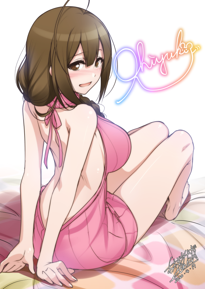 1girl ahoge aogiri_penta arm_support arms_behind_back back backless_dress backless_outfit bare_back bare_shoulders blush braid braided_ponytail breasts brown_eyes brown_hair character_signature dated dress from_behind hair_over_shoulder idolmaster idolmaster_shiny_colors knees_up kuwayama_chiyuki large_breasts long_hair looking_at_viewer looking_back meme_attire naked_sweater on_bed open_mouth pink_sweater shy signature simple_background single_braid sitting smile solo sweater sweater_dress turtleneck turtleneck_sweater virgin_killer_sweater white_background
