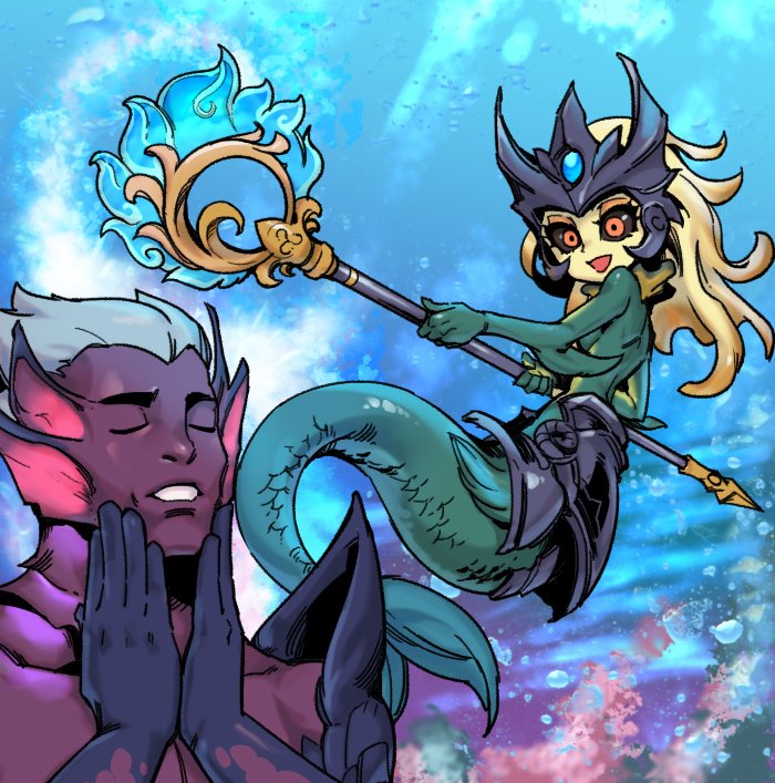 1boy 1girl :d armor black_armor black_sclera blonde_hair colored_sclera colored_skin from_side green_skin grey_hair grin helmet holding holding_staff league_of_legends long_hair looking_to_the_side meme mermaid monster_girl nami_(league_of_legends) phantom_ix_row red_eyes shiny_skin short_hari smile staff teeth underwater