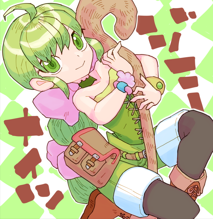 1girl ahoge argyle argyle_background bare_shoulders belt black_pantyhose brown_belt brown_footwear character_name closed_mouth fold-over_boots green_eyes green_hair holding holding_staff long_hair multi-tied_hair pantyhose pantyhose_under_shorts saga saga_frontier_2 shorts sicky_(pit-bull) smile solo staff virginia_knights