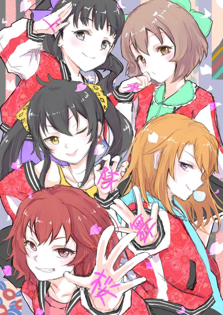 5girls :p alternate_hairstyle animal_print black_hair blush bow brown_eyes brown_hair cherry_blossoms commentary_request fukuyama_mai grey_eyes hair_bow hair_ribbon idolmaster idolmaster_cinderella_girls jacket kita_hinako koichi_makoto leopard_print long_hair looking_at_viewer matoba_risa multiple_girls murakami_tomoe orange_hair petals pink_eyes print_ribbon red_hair ribbon short_hair sketch smile tongue tongue_out twintails yellow_eyes yuuki_haru