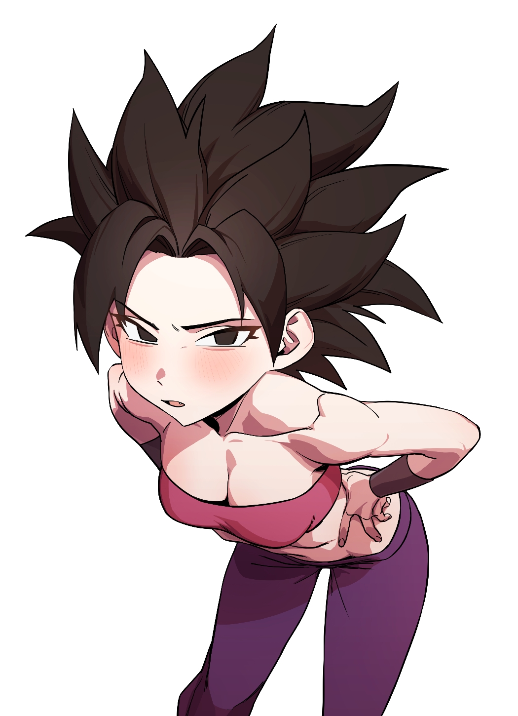 1girl bandeau bikini_bridge black_eyes black_hair blush breasts caulifla cleavage collarbone cowboy_shot dragon_ball dragon_ball_super hands_on_own_hips highres leaning_forward lowleg lowleg_pants medium_breasts muscular muscular_female no_pupils open_mouth pants purple_pants simple_background solo spiked_hair strapless toned tube_top white_background zequung