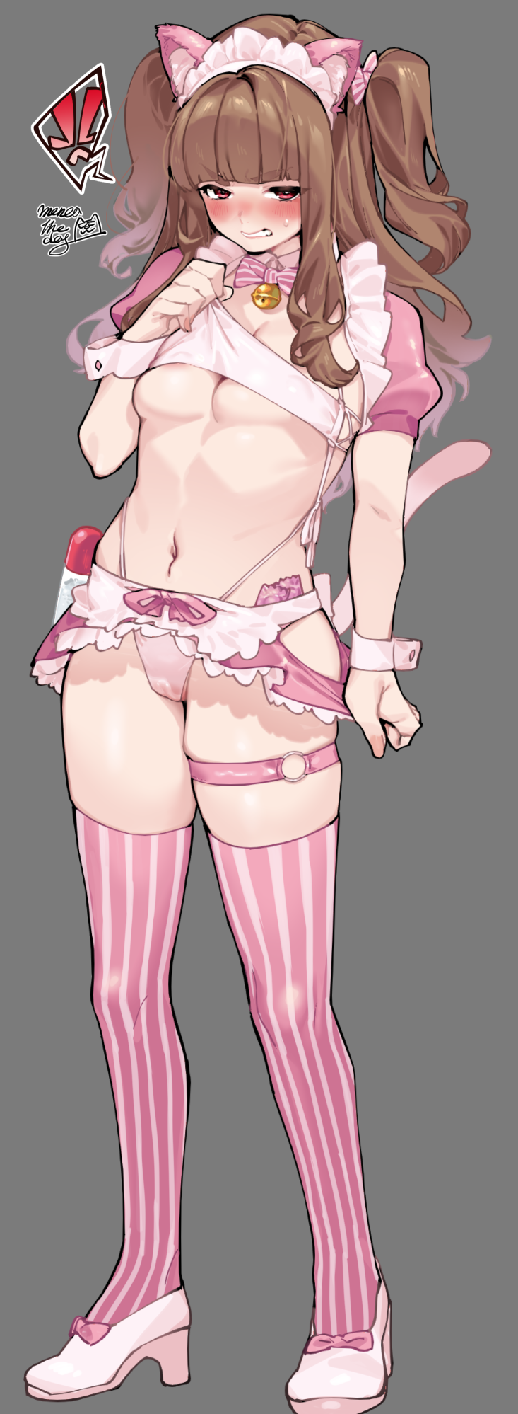 1girl alternate_costume anger_vein animal_ears artist_name bell bikini blush bow bowtie breasts brown_hair cameltoe cat_ears cat_tail cleavage clenched_teeth fake_animal_ears fake_tail full_body grey_background highleg highleg_bikini highres idolmaster idolmaster_cinderella_girls kamiya_nao large_breasts looking_at_viewer maid_headdress menea navel neck_bell pink_bow pink_bowtie pink_thighhighs pink_tube_top puffy_short_sleeves puffy_sleeves revealing_clothes short_sleeves sidelocks signature simple_background solo spoken_anger_vein stomach striped striped_thighhighs sweatdrop swimsuit tail teeth thighhighs two_side_up underboob vertical-striped_thighhighs vertical_stripes wrist_cuffs