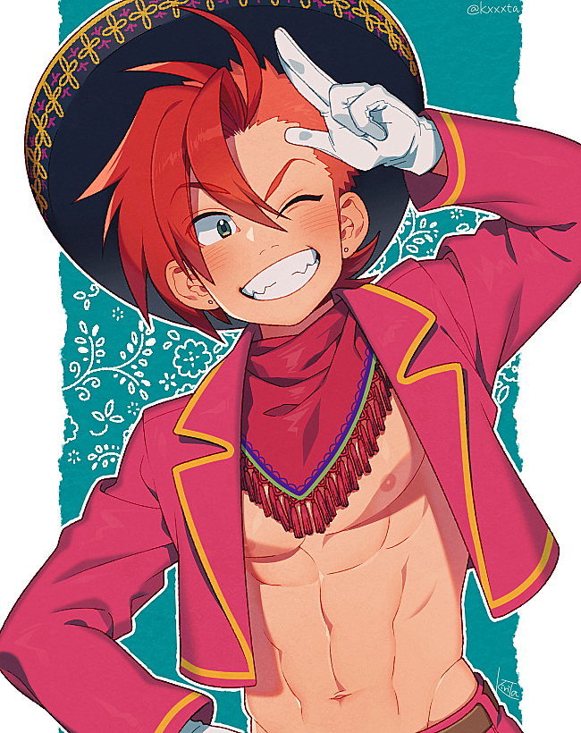 1boy abs belt blush brown_belt cropped_jacket earrings gloves grin hair_between_eyes hat humanization jacket jewelry kiri_futoshi long_sleeves male_focus mexican_clothes navel nostrils one_eye_closed panchito_pistoles pants red_hair red_jacket red_pants smile sombrero the_three_caballeros upper_body white_gloves