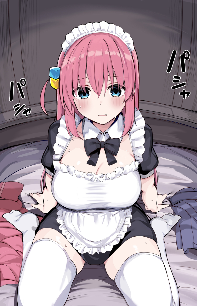 1girl alternate_costume apron aqua_eyes bed_sheet black_bow black_bowtie black_dress blush bocchi_the_rock! bow bowtie breasts cleavage collar collarbone commentary_request cube_hair_ornament detached_collar dress enmaided fisheye gotoh_hitori grey_skirt hair_between_eyes hair_ornament highres huge_breasts indoors jacket jacket_removed long_hair maid maid_headdress nervous no_shoes one_side_up open_mouth pink_hair pink_jacket rouka_(akatyann) short_sleeves sitting skirt skirt_removed solo sweat thighhighs thighs track_jacket translation_request wariza white_apron white_collar white_headdress white_thighhighs