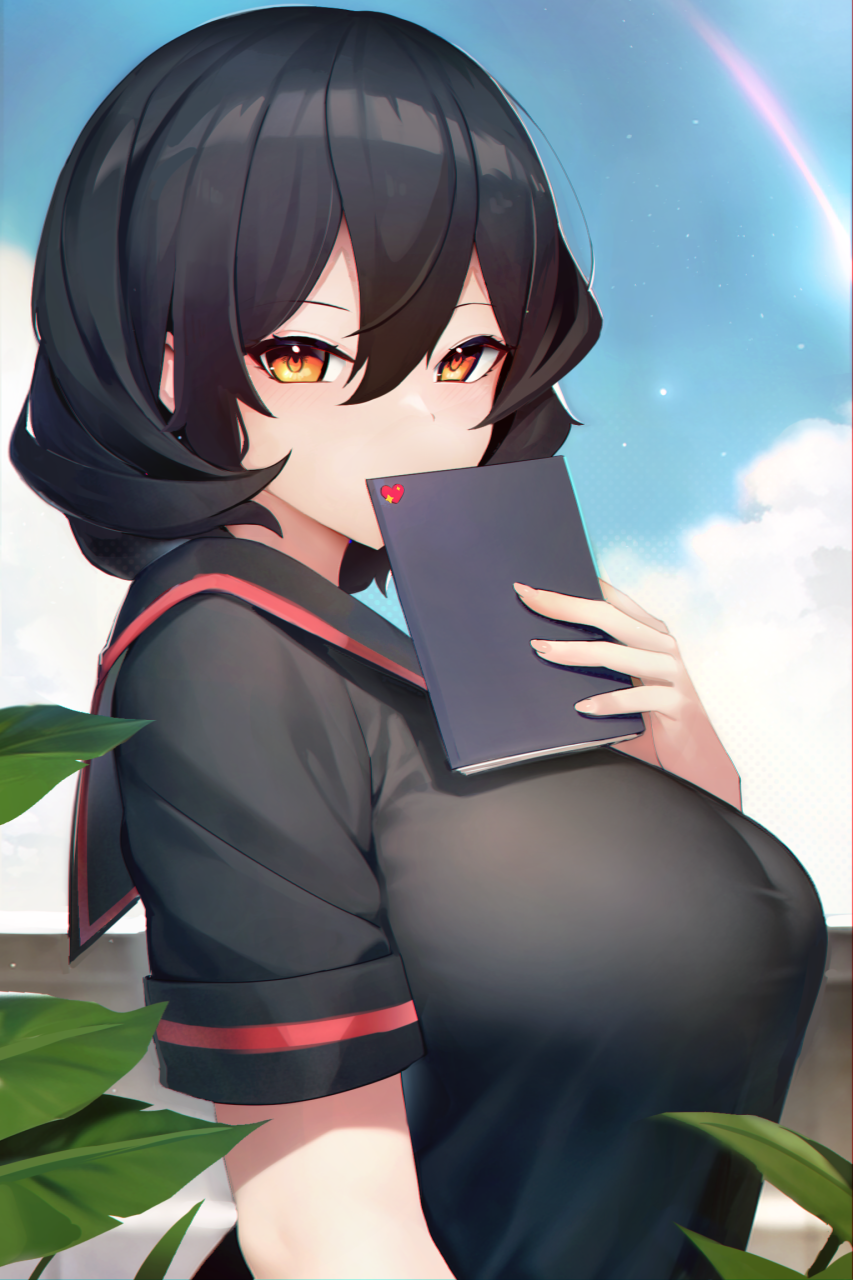 1girl black_hair black_sailor_collar black_shirt breasts cloud commentary covered_mouth covering_mouth hair_between_eyes heart highres holding holding_notebook large_breasts leaf looking_at_viewer medium_hair notebook orange_eyes original plant sailor_collar sailor_shirt shirt shooting_star short_sleeves sky solo star_(sky) starry_sky symbol-only_commentary upper_body xiaodi